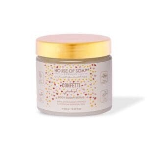 Front shot of naturally luxurious fragrant skincare Confetti Body Sugar Scrub by House of Soap