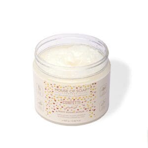 Open shot of naturally luxurious fragrant skincare Confetti Body Sugar Scrub by House of Soap