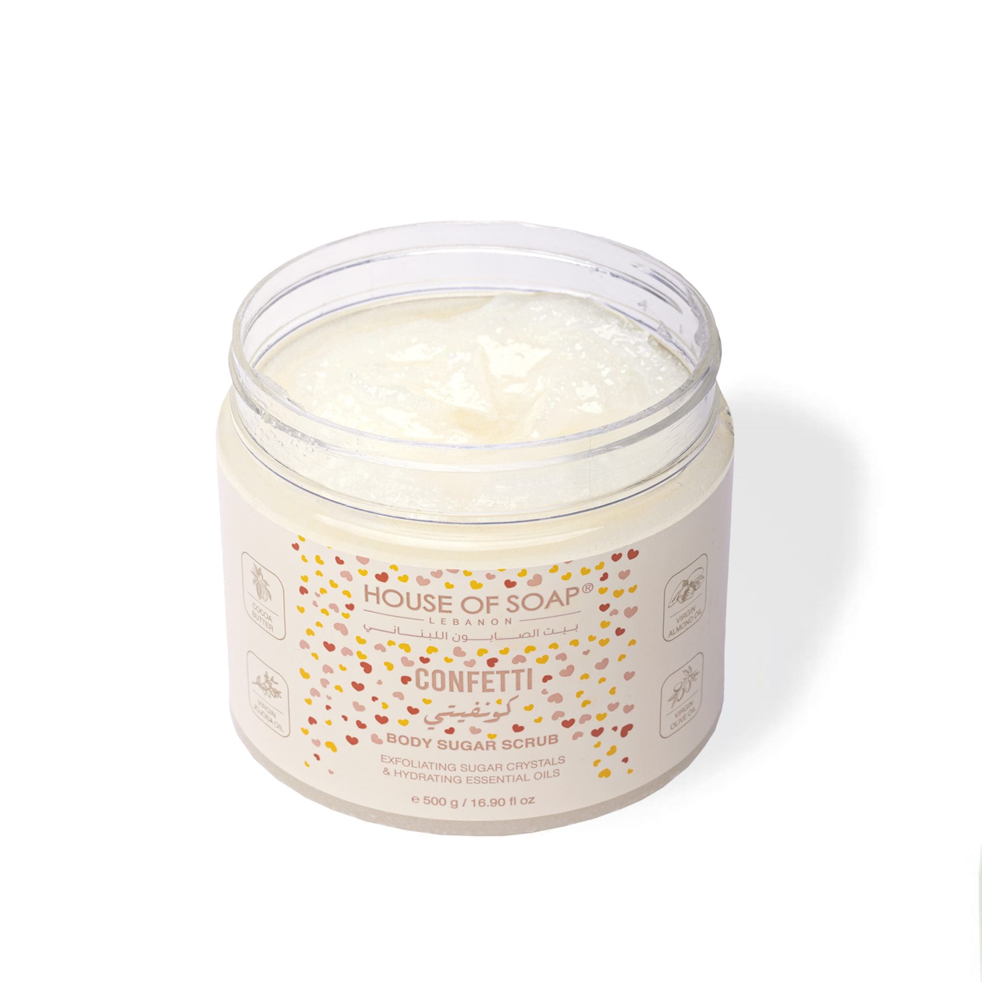 Open shot of naturally luxurious fragrant skincare Confetti Body Sugar Scrub by House of Soap