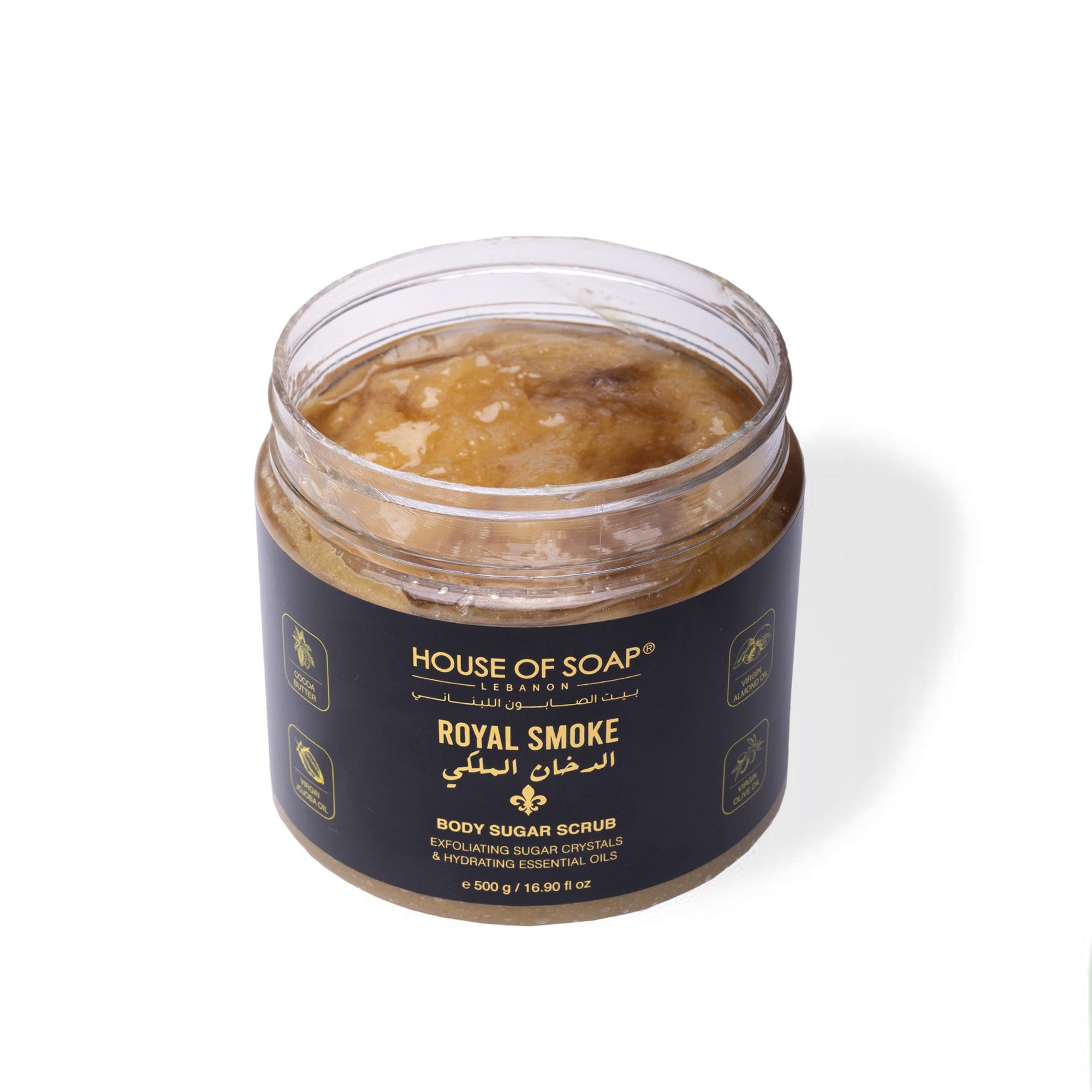 Open shot of naturally luxurious fragrant skincare Royal Smoke Body Sugar Scrub by House of Soap